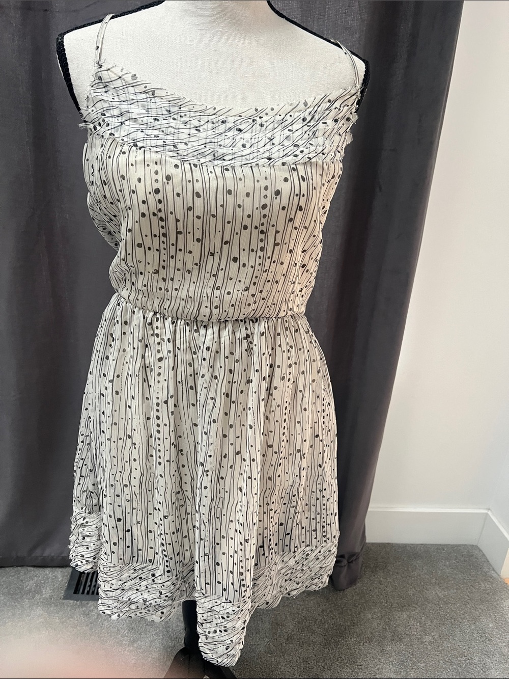Willow & Clay Cream Mini Dress with Black Pinstripe and Polka Dot Pattern